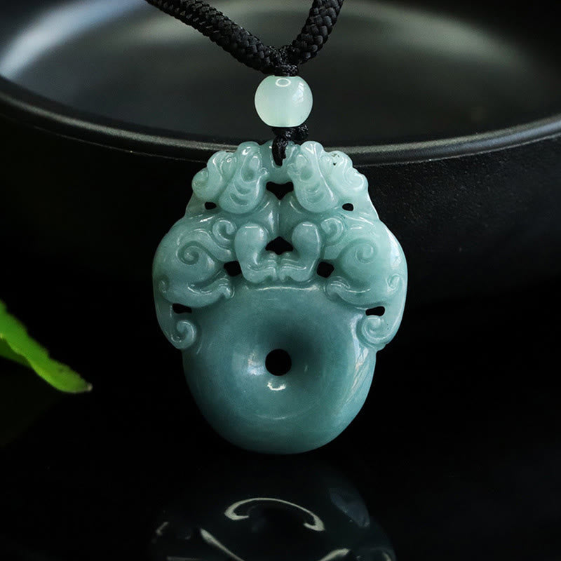 Double PiXiu Jade Peace Buckle Wealth Luck String Necklace Pendant