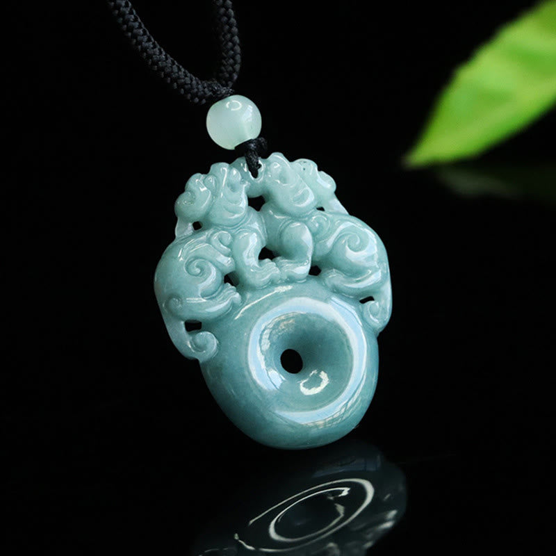 Double PiXiu Jade Peace Buckle Wealth Luck String Necklace Pendant