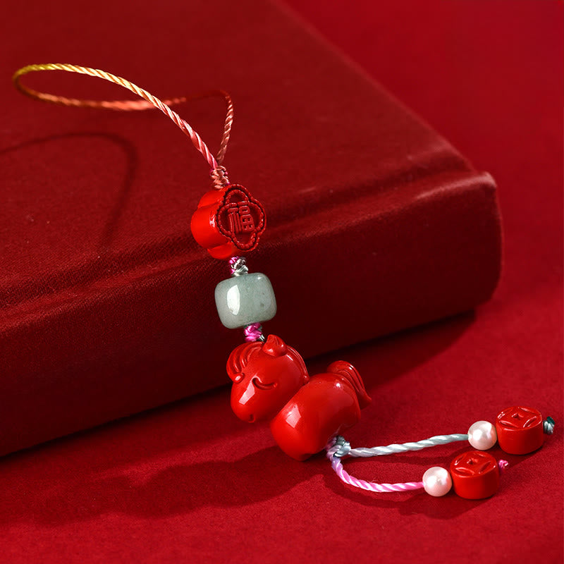 Year of the Horse Natural Cinnabar Fu Character Blessing Phone Hanging Decoration