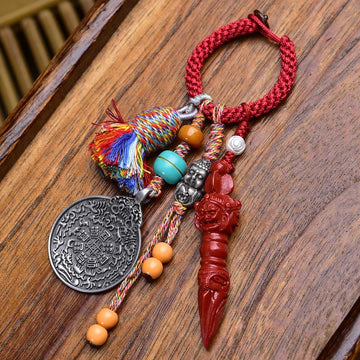 Artisan Turquoise & Cinnabar Bagua Nine Palaces Dzi Bead Energy Keychain