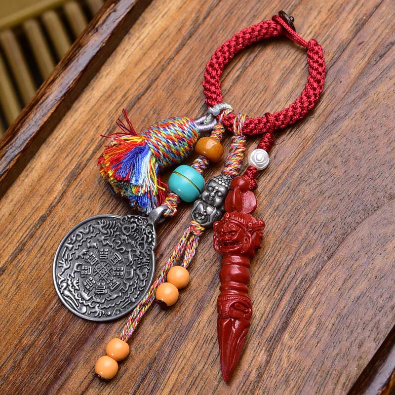 Artisan Turquoise & Cinnabar Bagua Nine Palaces Dzi Bead Energy Keychain