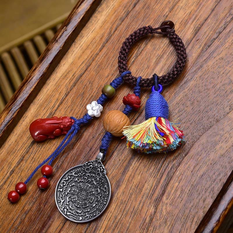 Artisan Turquoise & Cinnabar Bagua Nine Palaces Dzi Bead Energy Keychain
