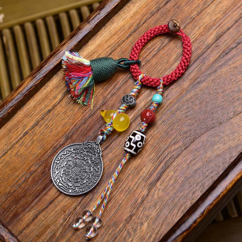 Artisan Turquoise & Cinnabar Bagua Nine Palaces Dzi Bead Energy Keychain
