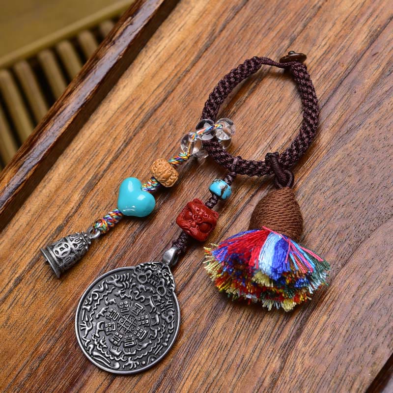 Artisan Turquoise & Cinnabar Bagua Nine Palaces Dzi Bead Energy Keychain