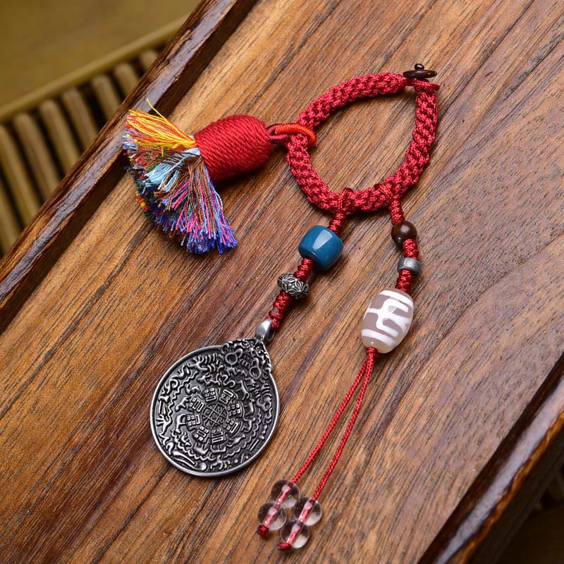 Artisan Turquoise & Cinnabar Bagua Nine Palaces Dzi Bead Energy Keychain