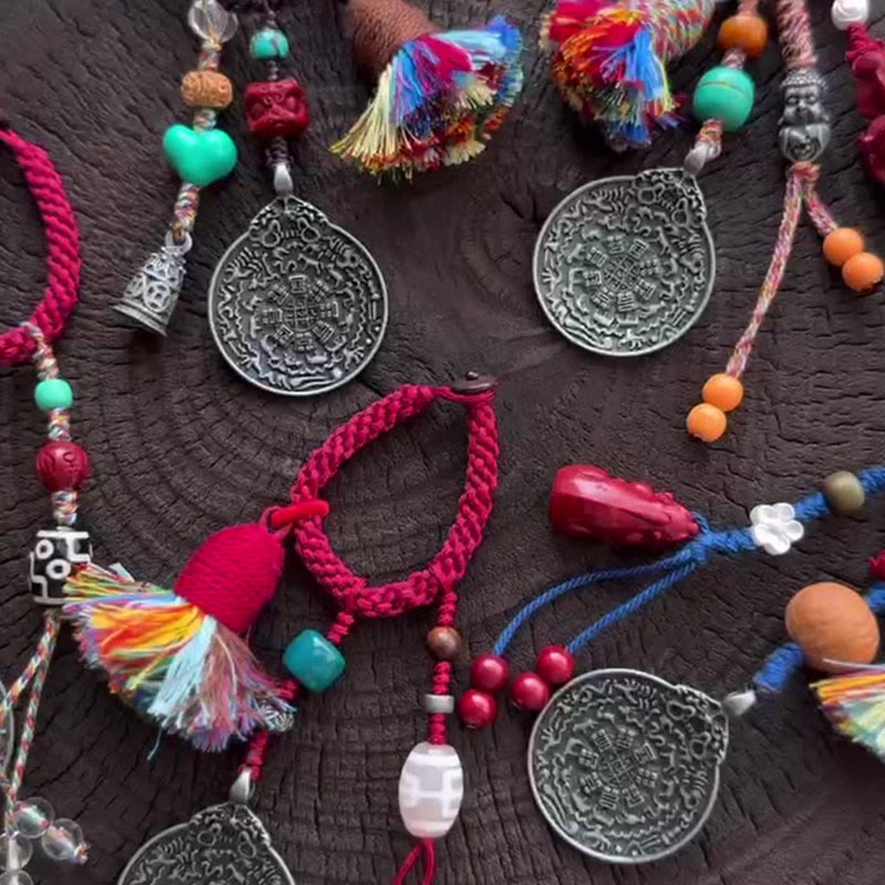 Artisan Turquoise & Cinnabar Bagua Nine Palaces Dzi Bead Energy Keychain