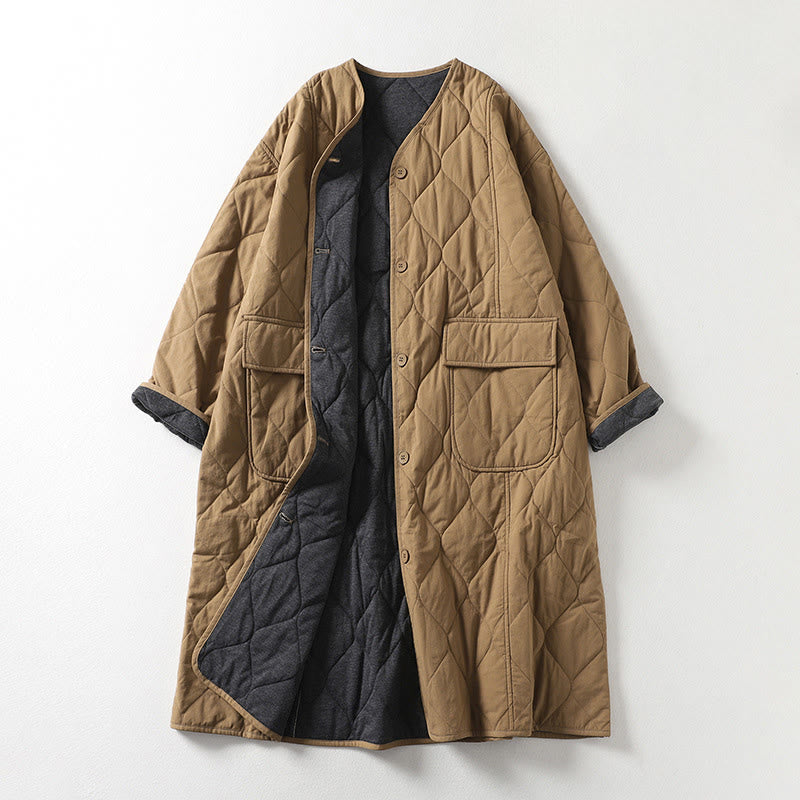 Plain Buttons V-Neck Long Sleeve Women's Cotton Coat With Pockets