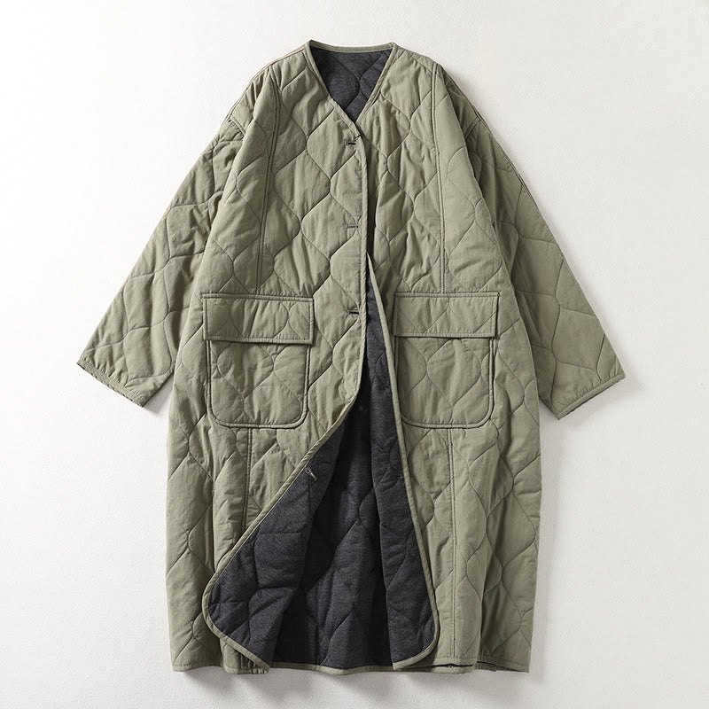 Plain Buttons V-Neck Long Sleeve Women's Cotton Coat With Pockets