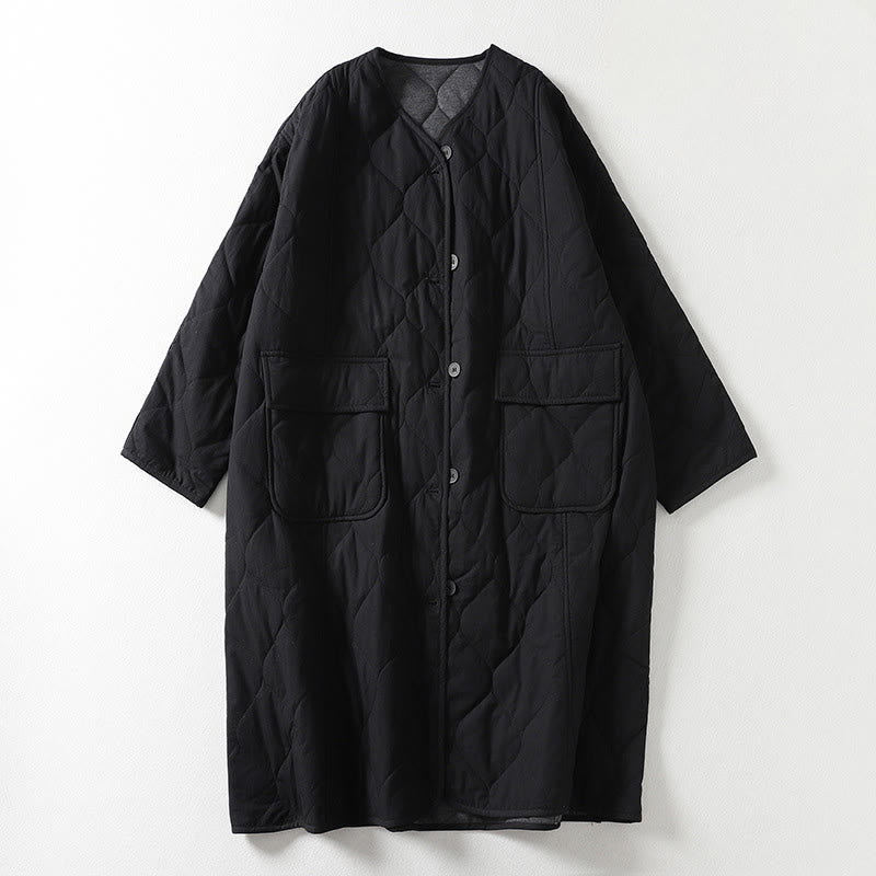Plain Buttons V-Neck Long Sleeve Women's Cotton Coat With Pockets
