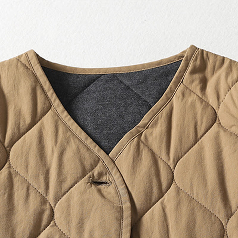 Plain Buttons V-Neck Long Sleeve Women's Cotton Coat With Pockets