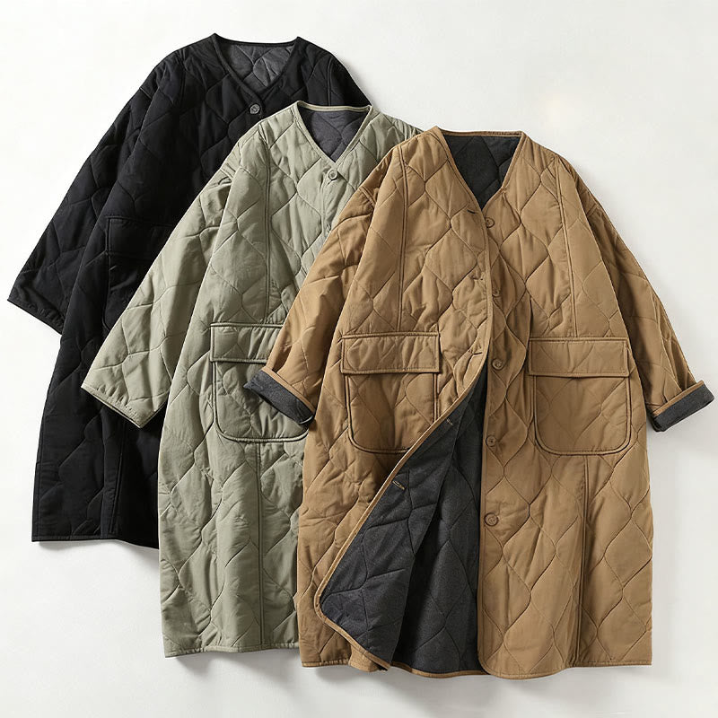 Plain Buttons V-Neck Long Sleeve Women's Cotton Coat With Pockets