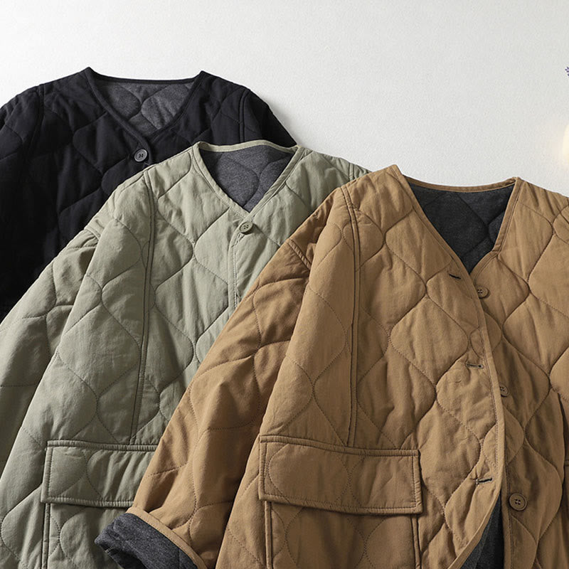 Plain Buttons V-Neck Long Sleeve Women's Cotton Coat With Pockets