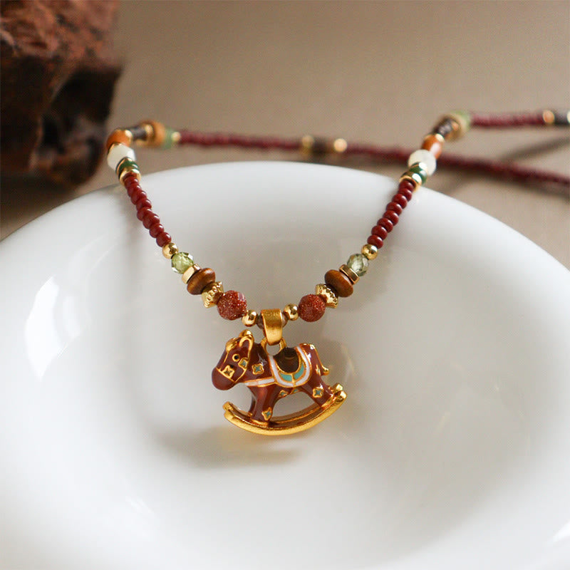“Year of the Horse” Multi-Material Pendant Necklace with Copper, Green Garnet, Tiger Eye, Olive Wood, Pearl
