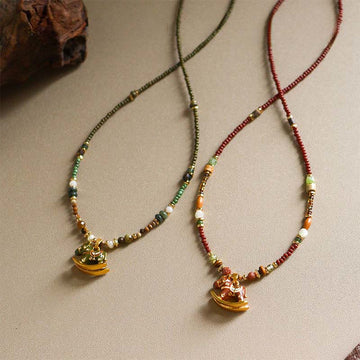 “Year of the Horse” Multi-Material Pendant Necklace with Copper, Green Garnet, Tiger Eye, Olive Wood, Pearl