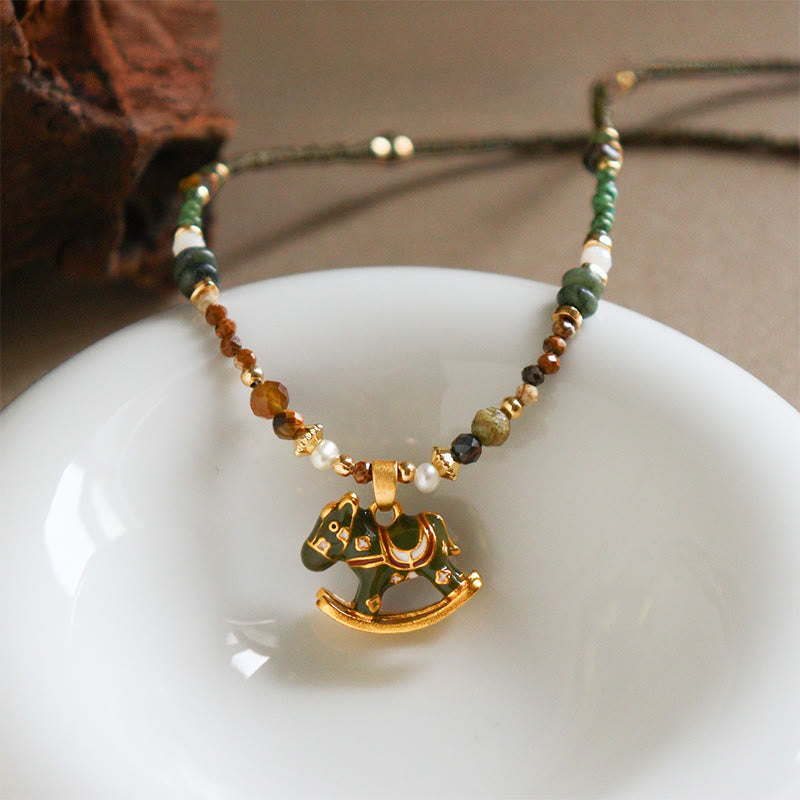 “Year of the Horse” Multi-Material Pendant Necklace with Copper, Green Garnet, Tiger Eye, Olive Wood, Pearl