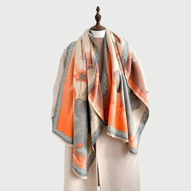 Winter Ink Painting Lotus Flowers Leaves Pattern Soft Scarf Shawl