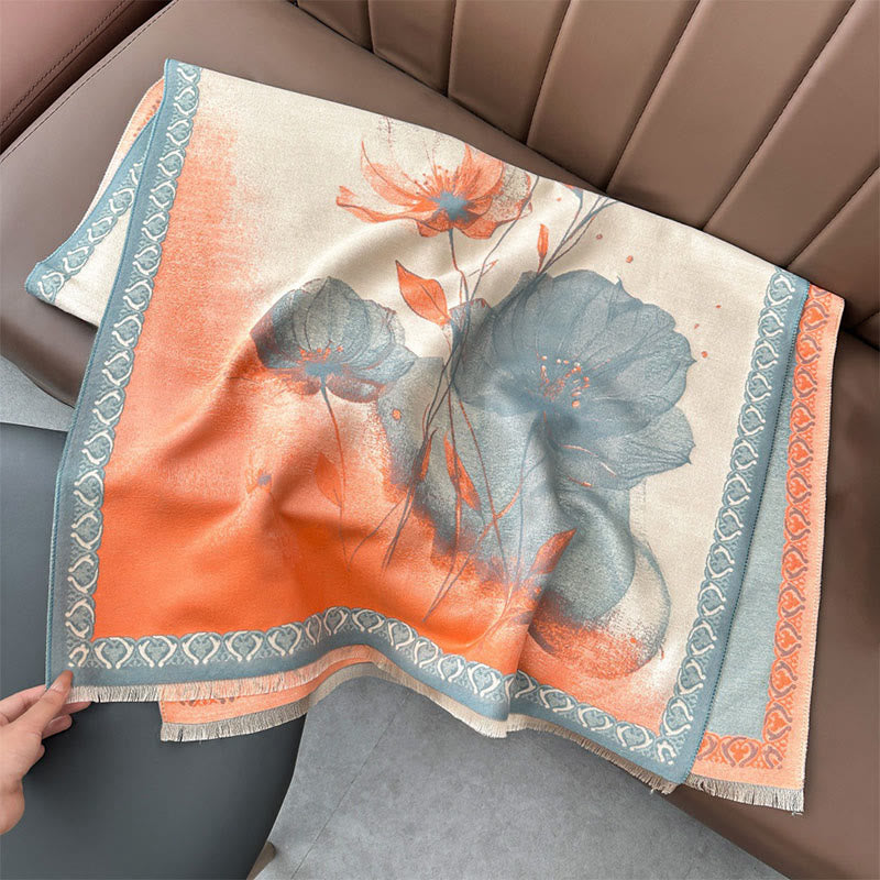 Winter Ink Painting Lotus Flowers Leaves Pattern Soft Scarf Shawl