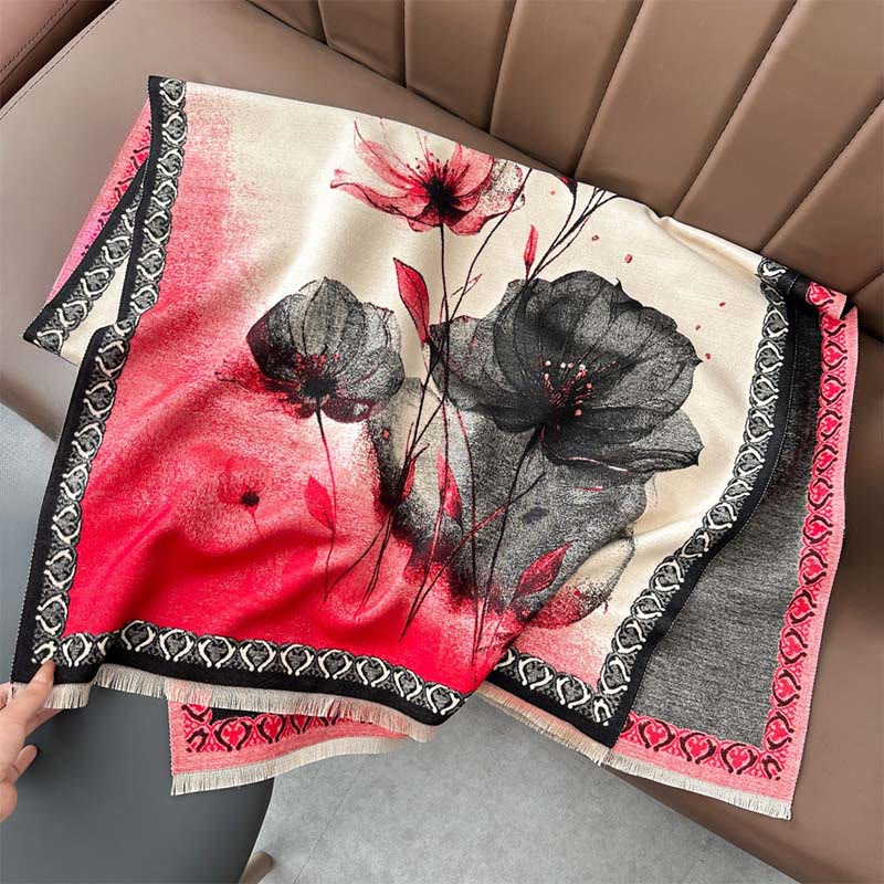 Winter Ink Painting Lotus Flowers Leaves Pattern Soft Scarf Shawl