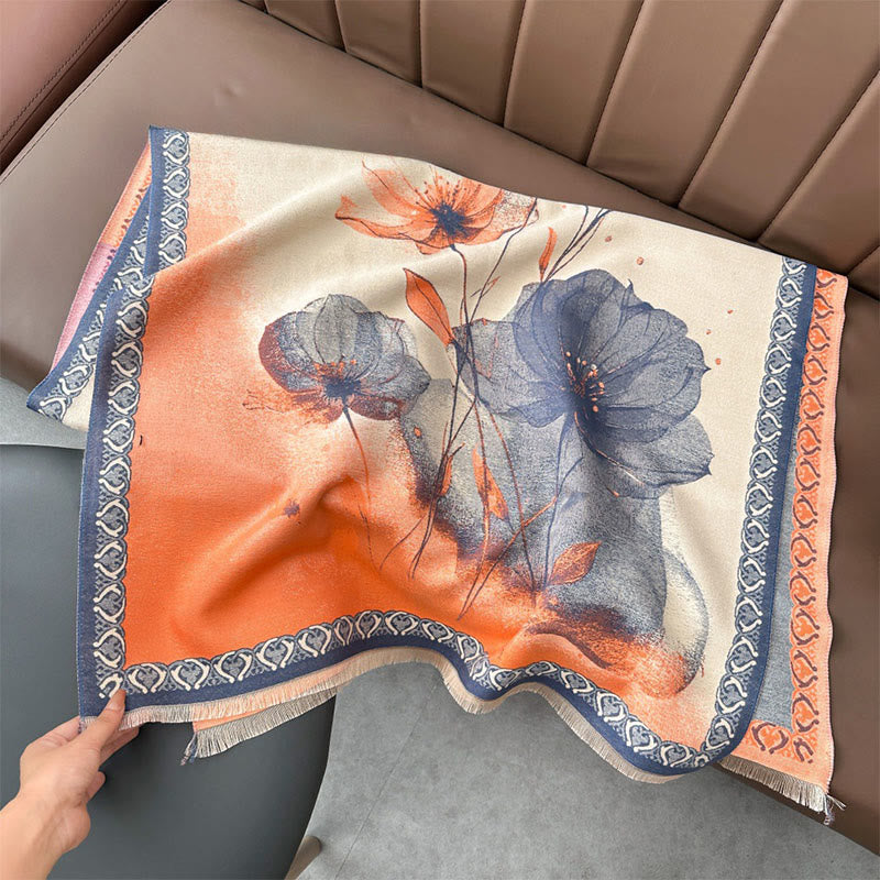 Winter Ink Painting Lotus Flowers Leaves Pattern Soft Scarf Shawl