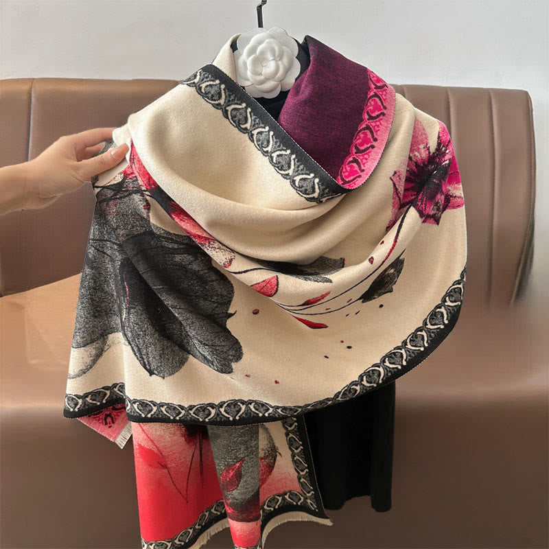 Winter Ink Painting Lotus Flowers Leaves Pattern Soft Scarf Shawl