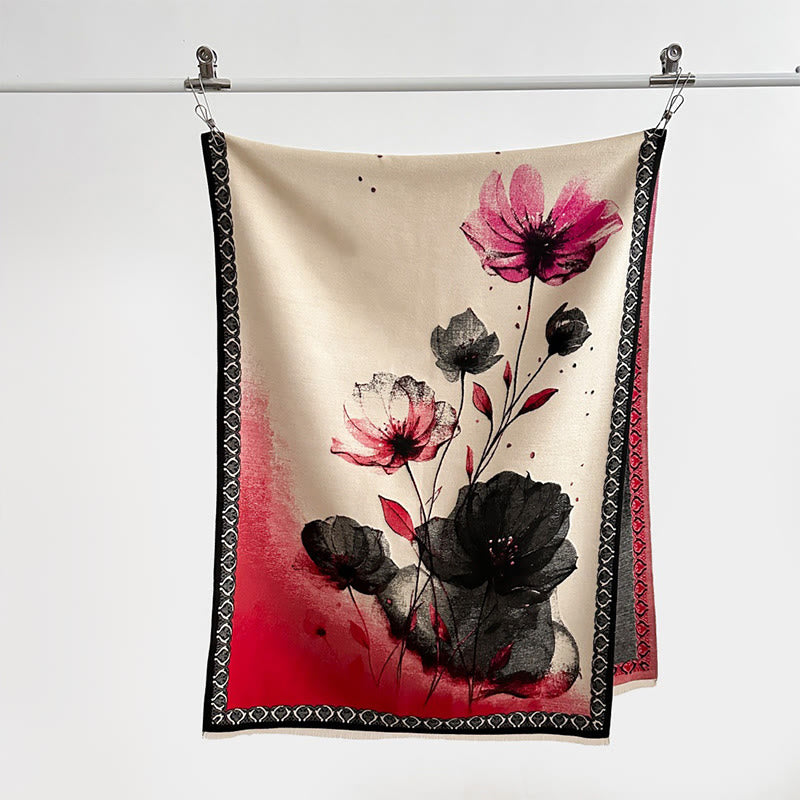 Winter Ink Painting Lotus Flowers Leaves Pattern Soft Scarf Shawl