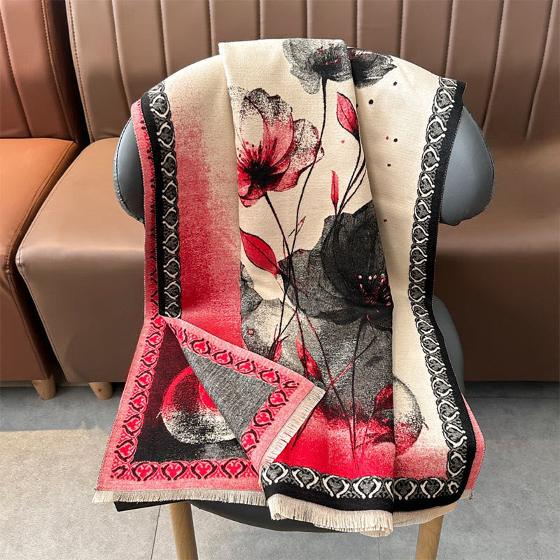 Winter Ink Painting Lotus Flowers Leaves Pattern Soft Scarf Shawl