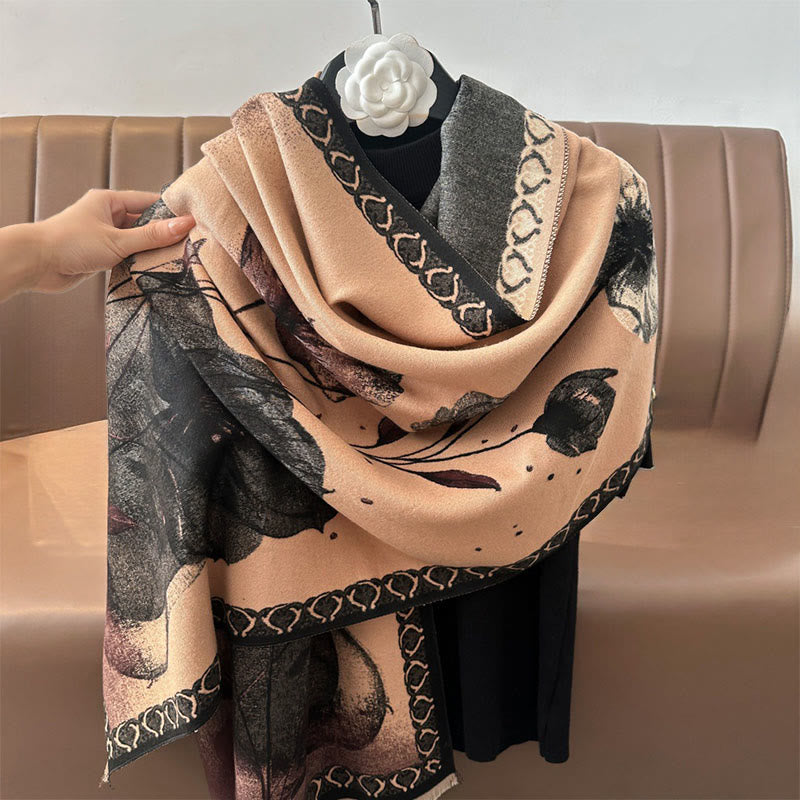 Winter Ink Painting Lotus Flowers Leaves Pattern Soft Scarf Shawl