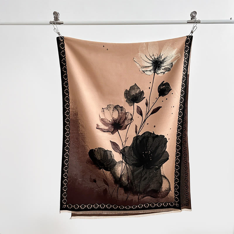 Winter Ink Painting Lotus Flowers Leaves Pattern Soft Scarf Shawl