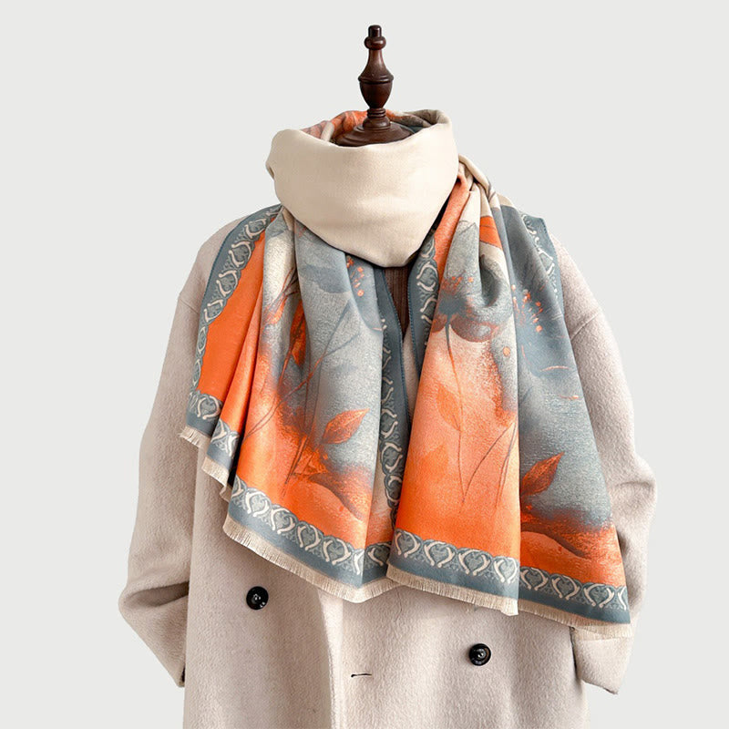 Winter Ink Painting Lotus Flowers Leaves Pattern Soft Scarf Shawl