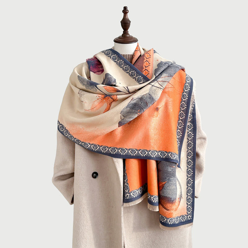 Winter Ink Painting Lotus Flowers Leaves Pattern Soft Scarf Shawl