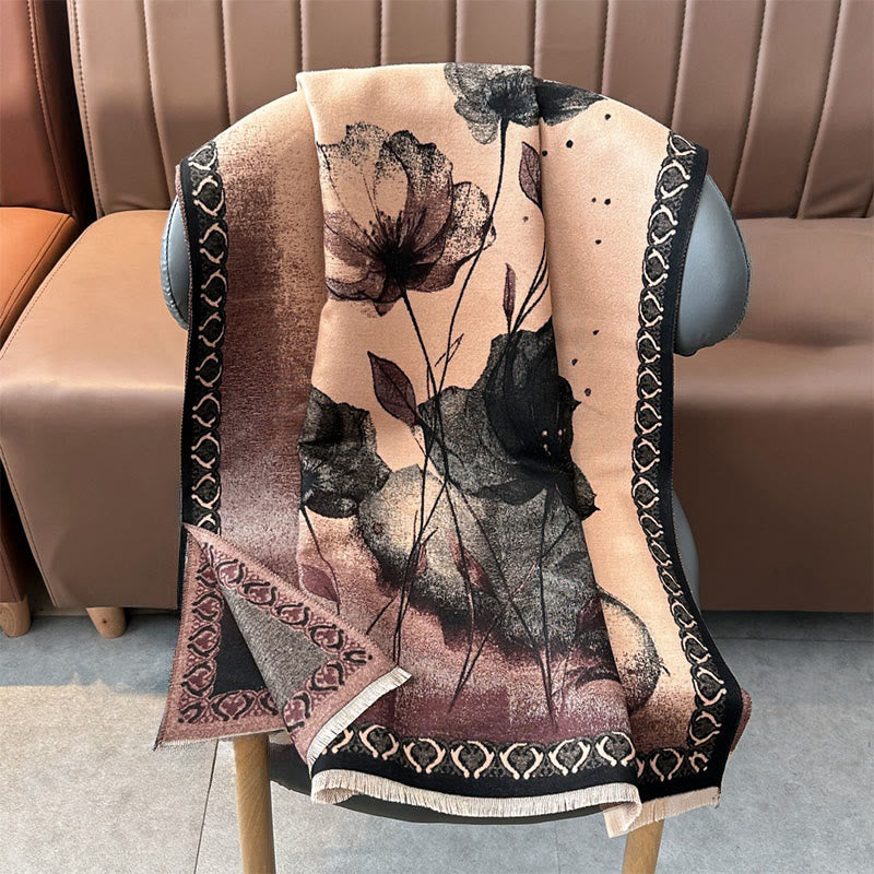 Winter Ink Painting Lotus Flowers Leaves Pattern Soft Scarf Shawl