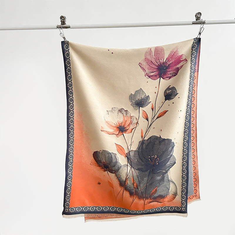 Winter Ink Painting Lotus Flowers Leaves Pattern Soft Scarf Shawl