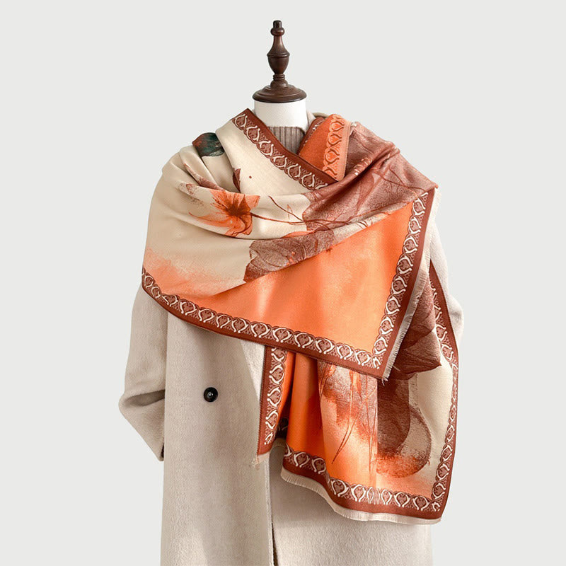 Winter Ink Painting Lotus Flowers Leaves Pattern Soft Scarf Shawl