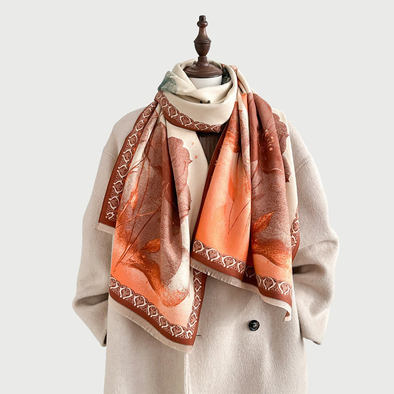 Winter Ink Painting Lotus Flowers Leaves Pattern Soft Scarf Shawl