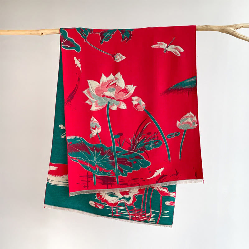 Fine-Knit Lotus and Koi Motif Mindful Meditation Tibetan Shawl