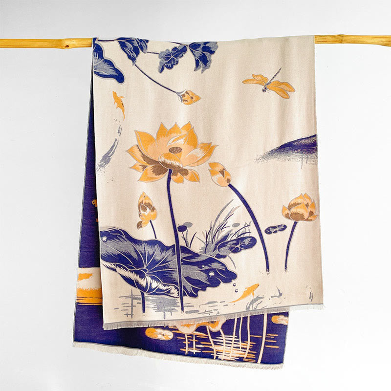 Fine-Knit Lotus and Koi Motif Mindful Meditation Tibetan Shawl