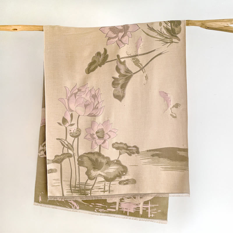 Fine-Knit Lotus and Koi Motif Mindful Meditation Tibetan Shawl