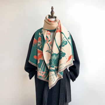 Fine-Knit Lotus and Koi Motif Mindful Meditation Tibetan Shawl