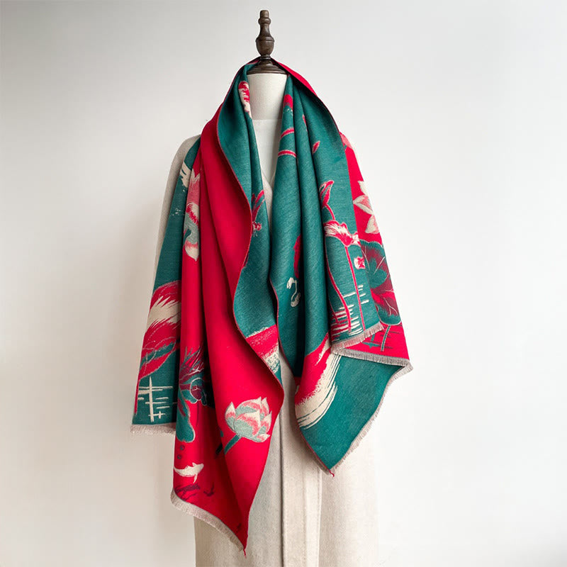 Fine-Knit Lotus and Koi Motif Mindful Meditation Tibetan Shawl