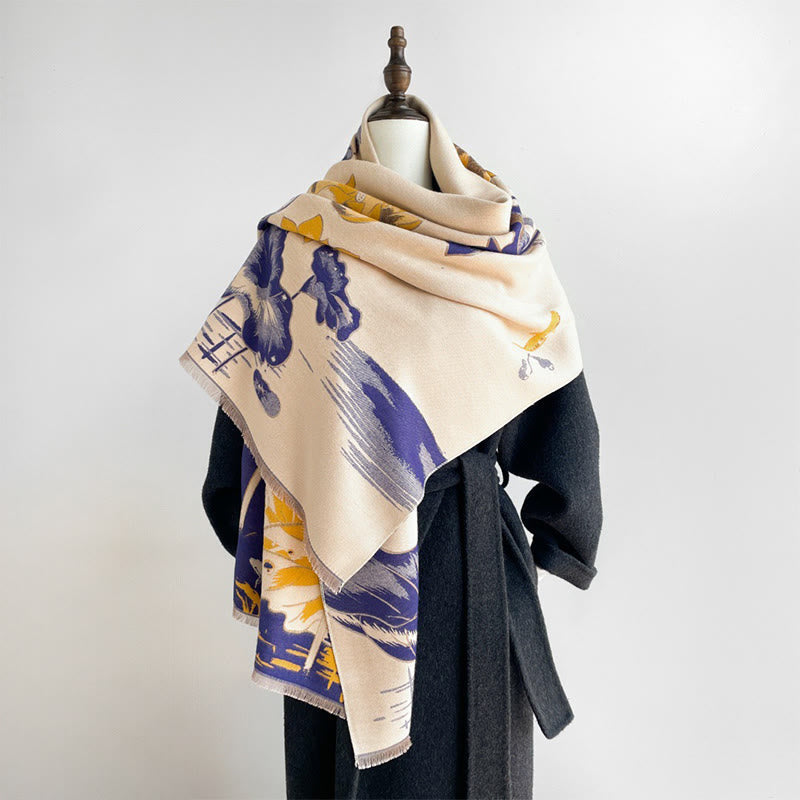 Fine-Knit Lotus and Koi Motif Mindful Meditation Tibetan Shawl