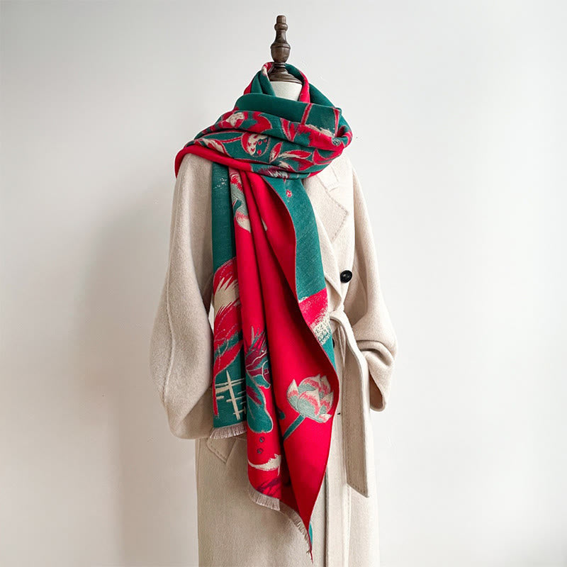 Fine-Knit Lotus and Koi Motif Mindful Meditation Tibetan Shawl