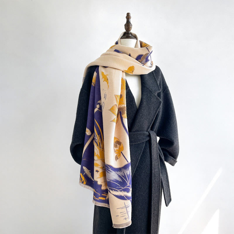 Fine-Knit Lotus and Koi Motif Mindful Meditation Tibetan Shawl
