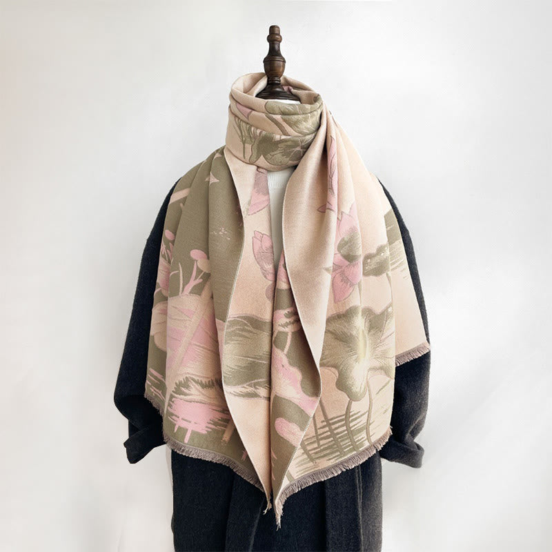 Fine-Knit Lotus and Koi Motif Mindful Meditation Tibetan Shawl
