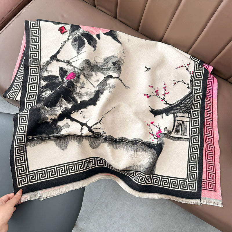 Tactile Knit Tibetan Ink Painting Meditation Shawl Wrap