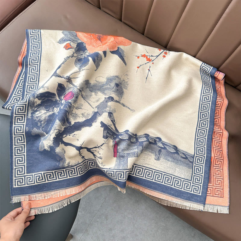 Tactile Knit Tibetan Ink Painting Meditation Shawl Wrap