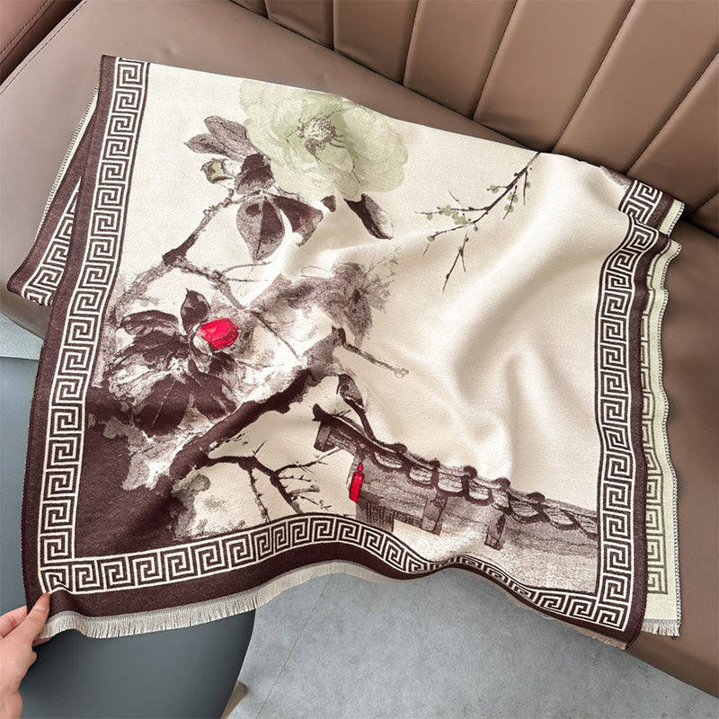 Tactile Knit Tibetan Ink Painting Meditation Shawl Wrap