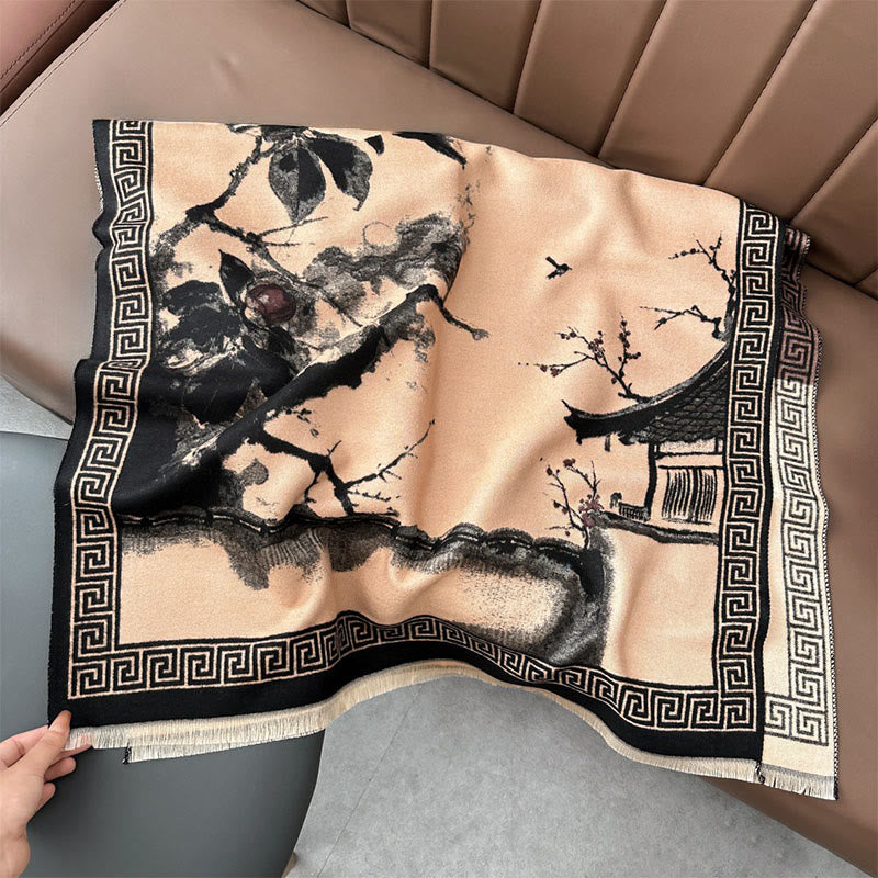 Tactile Knit Tibetan Ink Painting Meditation Shawl Wrap