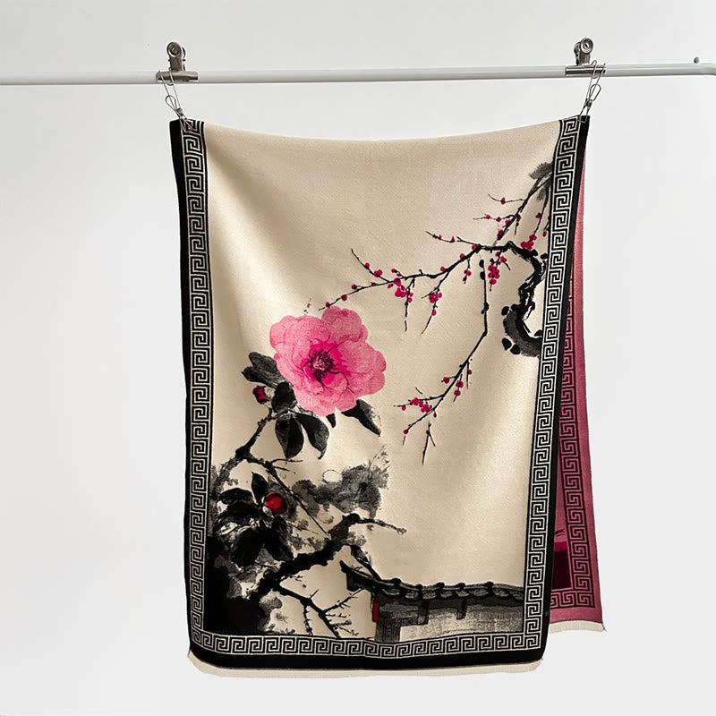 Tactile Knit Tibetan Ink Painting Meditation Shawl Wrap