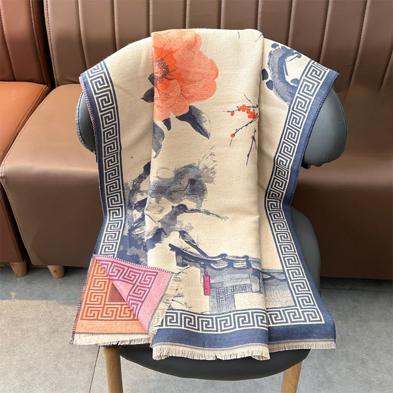 Tactile Knit Tibetan Ink Painting Meditation Shawl Wrap