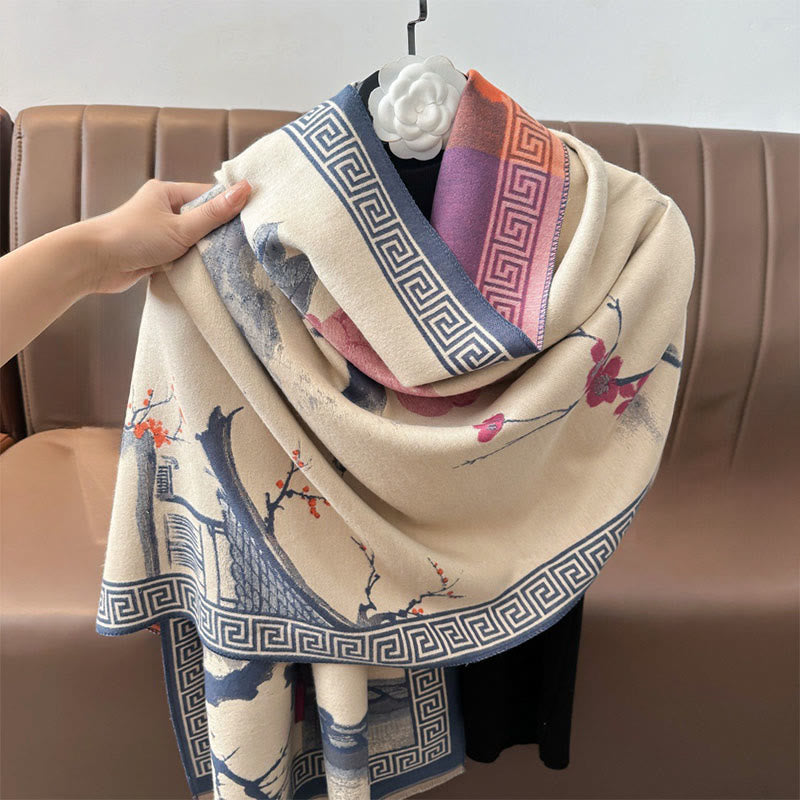 Tactile Knit Tibetan Ink Painting Meditation Shawl Wrap